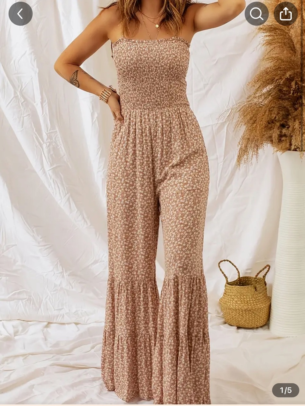 Smocked Tie-Strap Floral Jumpsuit